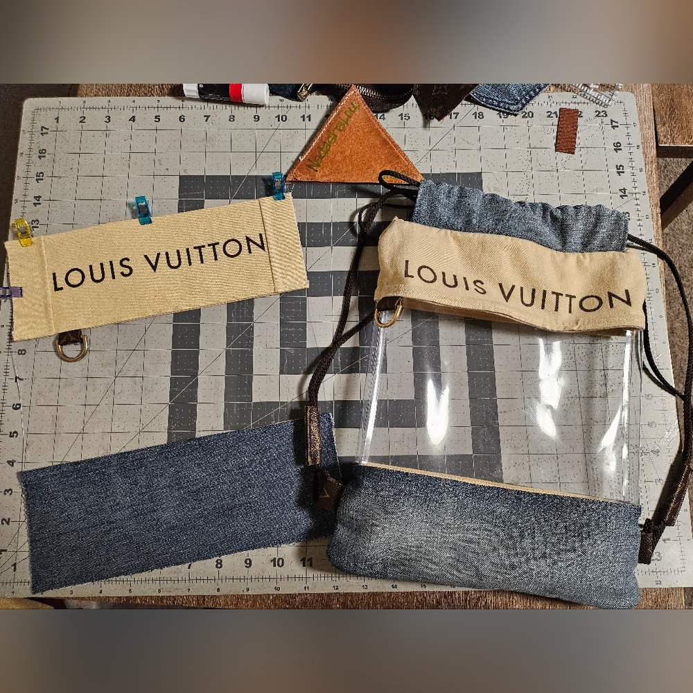 Repurposed upcycled clear vinyl Draw string bag made from LV dust bag